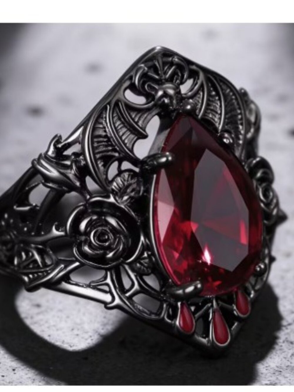Unisex Gothic Inlay Red Zirconia Vampire Bat Rose Blood Drop Ring Size 8 NWT